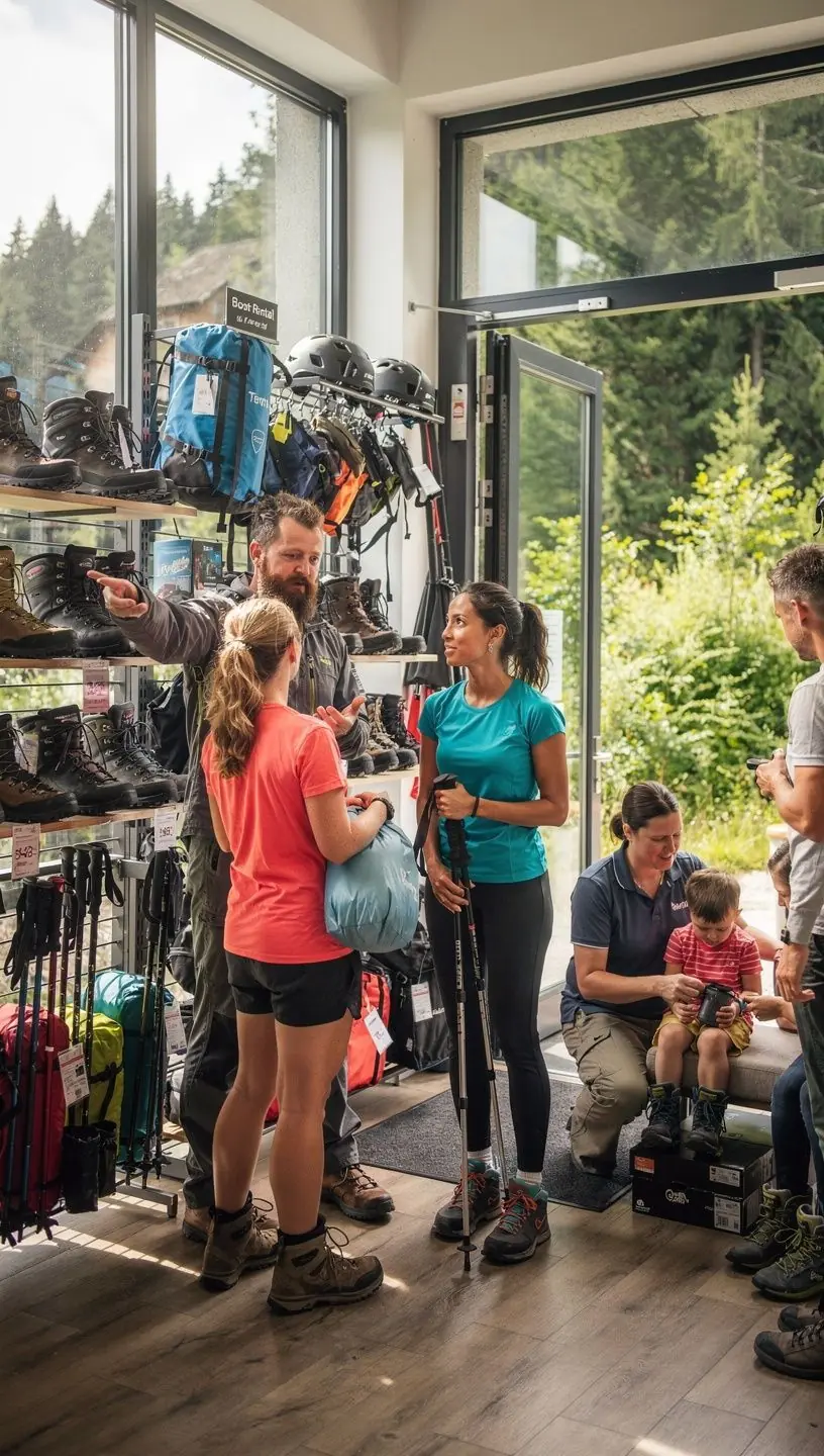 Wanderer probieren wetterfeste Kleidung und Ausrüstung im Verleihzentrum vor der Tour